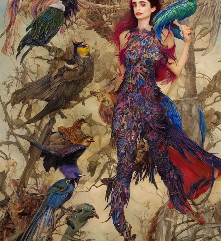 Image similar to a fashion editorial of a meditating fierce krysten ritter as a colorful harpy bird super hero with mutated scaled skin. she has many skin grafts and cyborg body modifications. by donato giancola, hans holbein, walton ford, gaston bussiere, peter mohrbacher and brian froud. 8 k, cgsociety