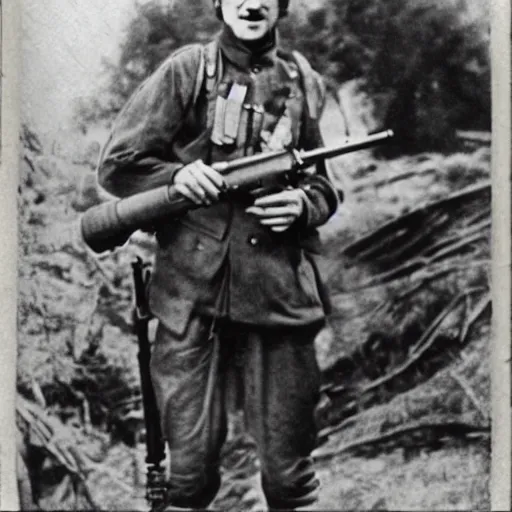 Image similar to old wartime photograph of john lennon holding a lewis gun, 1 9 1 7