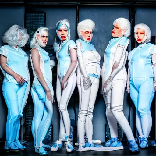 Prompt: troop of freak show women with white hair, white hair, tight light blue neopren suits, futuristic production facility, sci - fi, highly detailed, cinematic