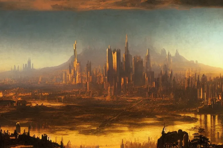 Prompt: megacity one, judge dredd, 1 8 0 0 s, rule of thirds, matte painting, highly detailed, cinematic lighting, by albert bierstadt, frederic edwin church