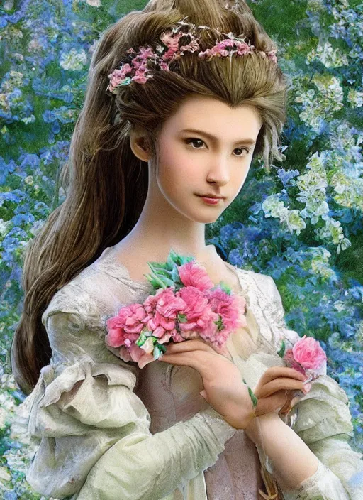 Image similar to elegant Aerith Gainsborough the Queen of flowers. ultra detailed painting at 16K resolution and epic visuals. epically surreally beautiful image. amazing effect, image looks crazily crisp as far as it's visual fidelity goes, absolutely outstanding. vivid clarity. ultra. iridescent. mind-breaking. mega-beautiful pencil shadowing. beautiful face. Ultra High Definition. amazingly crisp sharpness. high quality film still. processed twice. film grain. graphic novel poster.