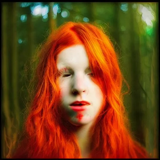 Image similar to “glitchcore album cover red head singer girl standing in a forest”