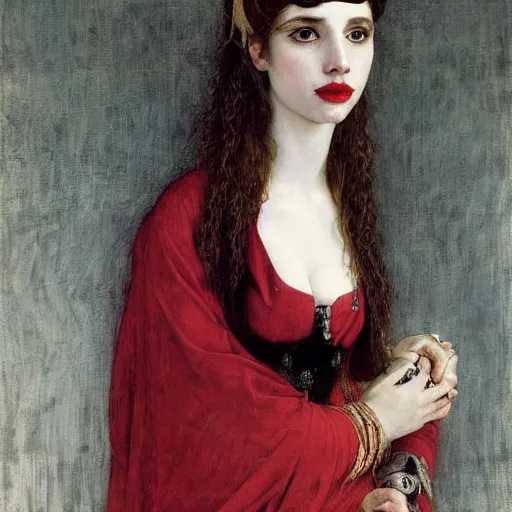 Image similar to emma roberts as a bandit queen, goddes of the vampires, red silk dress, bloodshot eyes by edgar maxence and caravaggio and michael whelan and delacroix