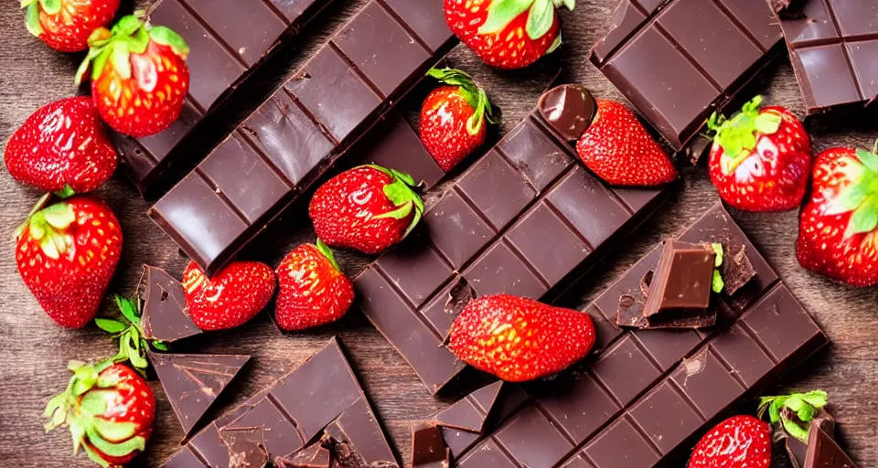 Prompt: A gourmet dark chocolate bar, next to sliced strawberries, on a wooden tray, macro lens product photo
