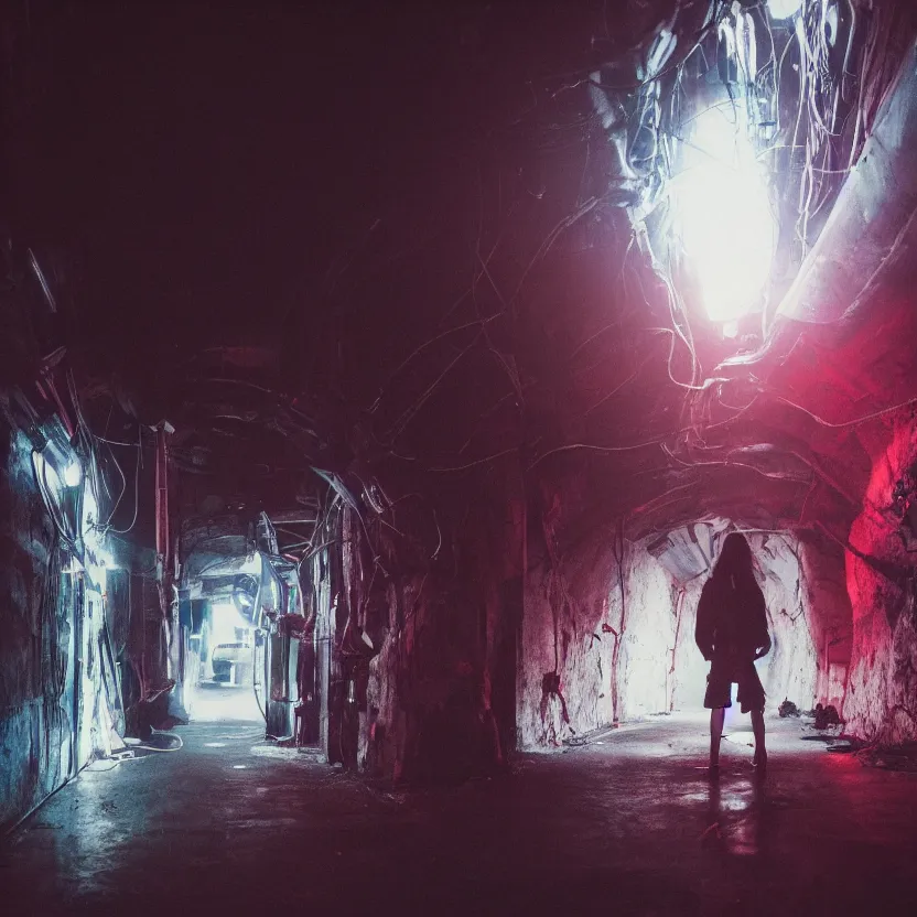 Prompt: a person in a dark tunnel with a light on, cyberpunk art by Elsa Bleda, trending, light and space, dystopian art, futuristic, circuitry