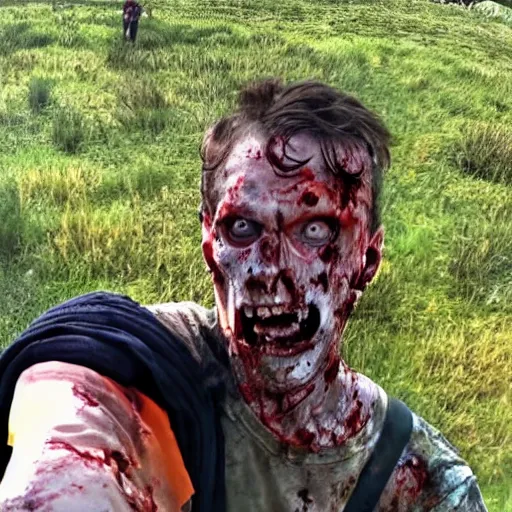 Image similar to a man taking a selfie in a zombie apocalypse