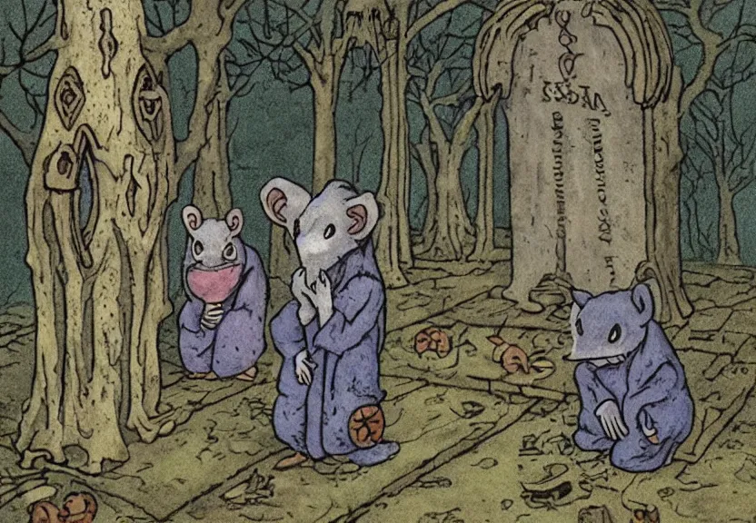 Prompt: possums dressed like a monk at a scary medieval cemetery in the middle of the forest at night, isometrical, highly detailed, by Maurice Sendak, colorized