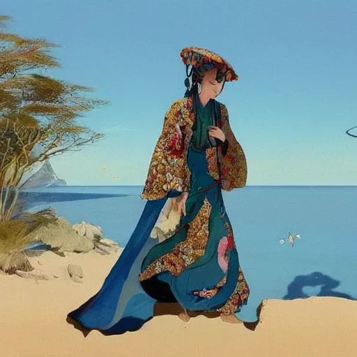 Image similar to beautiful oriental girl walks around Socotra among endemic plants, flowers and snags in a long transparent flowing dress and meets mystical animals, mystical insects, mystical birds, lizards, snakes, gorgeous, Atmosphere, hypnotic dimensions, mythology, Rococo, photorealism, in the style of Jin Kagetsu, James Jean and wlop, Valentin Serov style, Hieronymus Bosch style, Zdzislaw Beksinski style, hyperrealistic, sharp focus, intricate concept art, digital painting, ambient lighting, 4k, hdt, artstation trending on Gsociety, trending on ArtstationHQ, trending on deviantart, professionally post-processed, wide-angle action dynamic portraithyperdetailed, hyper quality, 16K