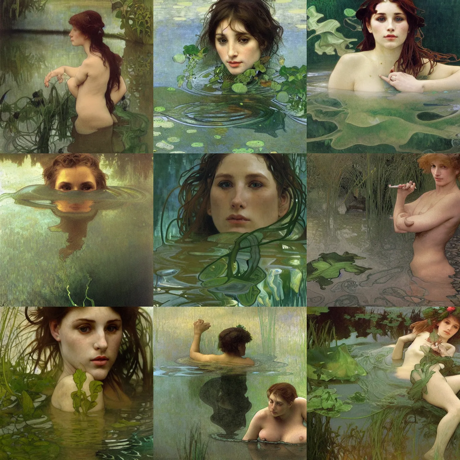 Prompt: hyperrealist portrait in a river, submerge, dark green water, algae, by alphonse mucha and lucian freud and bouguereau, fog, very detailed faces