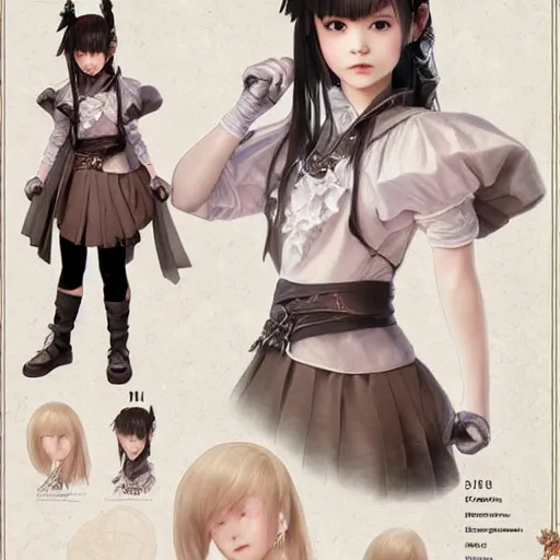 Prompt: Final Fantasy character sheet of Yui Mizuno from Babymetal, intricate, elegant, highly detailed, digital painting, artstation, character concept art, smooth, sharp focus, illustration, art by artgerm and greg rutkowski and alphonse mucha