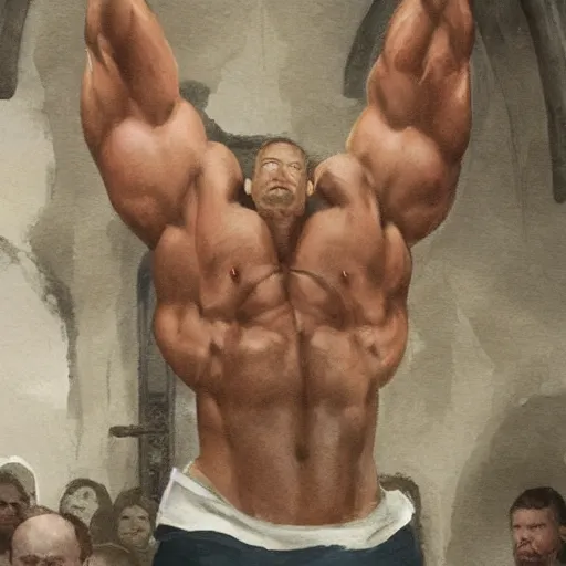 Image similar to bodybuilder chris pratt at church geog darrow greg rutkowski