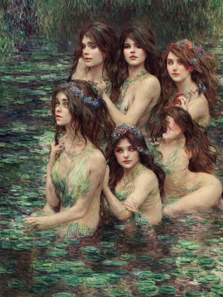 Image similar to illustration studio portrait of three dark beautiful mermaids female energy in artistic poses in the river at the forest, monet painterly motives and textures pattern, hyper detailed, octane render, vivid colors, artstation, by jeremy mann, by alphonse mucha, by monet