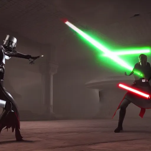 Image similar to A sith fighting a Jedi in the Jedi temple. Epic, cinematic lighting, dreary, other worldly.