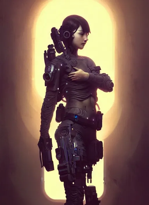 Image similar to girl covered with tattoos wearing tactical gear, intricate lights, bio luminescent, plasma, by ruan jia and artgerm and range murata and wlop and ross tran and william - adolphe bouguereau and beeple. key art. fantasy illustration. award winning, artstation, intricate details, realistic, hyperdetailed, 8 k resolution.