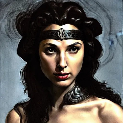 Image similar to gal gadot as medusa by caravaggio