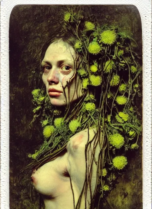 Prompt: beautiful and detailed rotten woman made of plants and many different types of flowers, muscles, intricate, organs, ornate, surreal, john constable, guy denning, gustave courbet, caravaggio, romero ressendi 1 9 1 0 polaroid photo