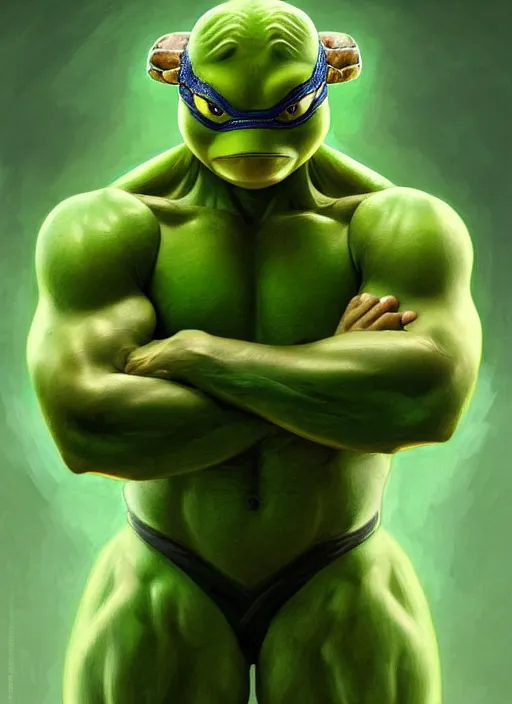 Image similar to portrait of leonardo from teenage mutant ninja turtle, muscular! turtle shell!!!, intricate, elegant, highly detailed, green skin!, digital painting, artstation, concept art, smooth, sharp focus, illustration, art by artgerm and greg rutkowski and alphonse mucha