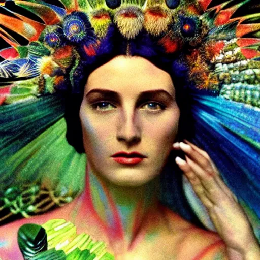 Image similar to extremely beautiful futuristic super schizophrenic psychedelic prismatic superhuman, lush detail, national geographic, steichen, herb ritts, roger deakins, anne leibovitz, alphonse mucha, sharp focus, ultra - realistic, hyperrealism, isotonic, beautiful madwoman