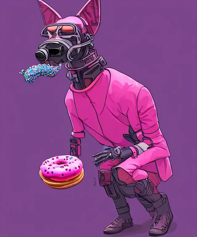 Prompt: a portrait of an anthropomorphic cyberpunk greyhound dog eating a pink donut, cyberpunk!, fantasy, elegant, digital painting, artstation, concept art, matte, sharp focus, illustration, art by josan gonzalez