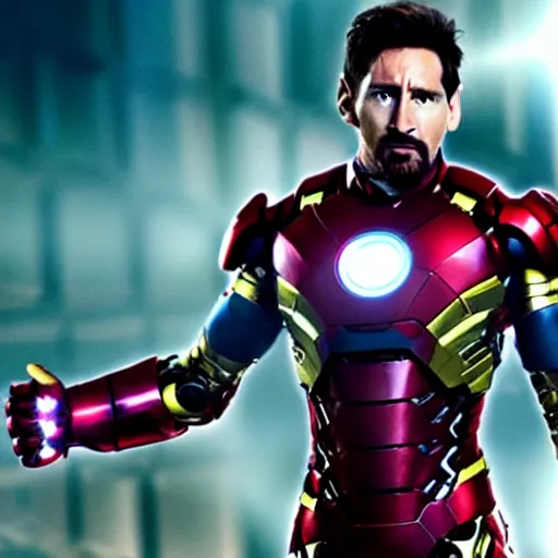 Image similar to Lionel Messi as Ironman in The Avengers, Marvel, Film Still, 35mm dramatic lighting, cinematic, deep focus, styleframe,