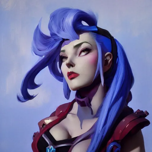 Image similar to greg manchess portrait painting of partially armored blue haired jinx from league of legends as overwatch character, medium shot, asymmetrical, profile picture, organic painting, sunny day, matte painting, bold shapes, hard edges, street art, trending on artstation, by huang guangjian, gil elvgren, ruan jia, greg rutkowski, gaston bussiere