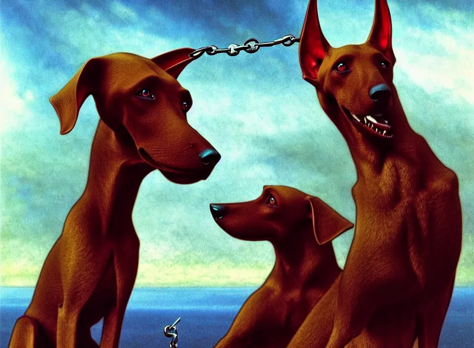 Prompt: realistic detailed portrait movie shot of an elegant blond male vampire a barking doberman on a leash, sci fi landscape background by denis villeneuve, amano, yves tanguy, alphonse mucha, max ernst, roger dean, masterpiece, rich cold moody colours, dog teeth, blue eyes