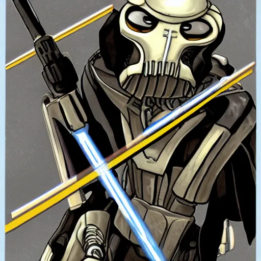 Image similar to General Grievous!!!, on cruches, with 4 lightsabers in his hands,