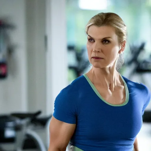 Image similar to muscular Kim Wexler working out in a jim, movie still, photorealistic