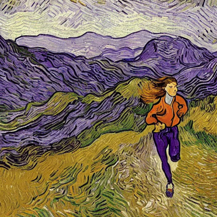 Image similar to woman with brown hair running up a hill, purple colors, painting by van gogh