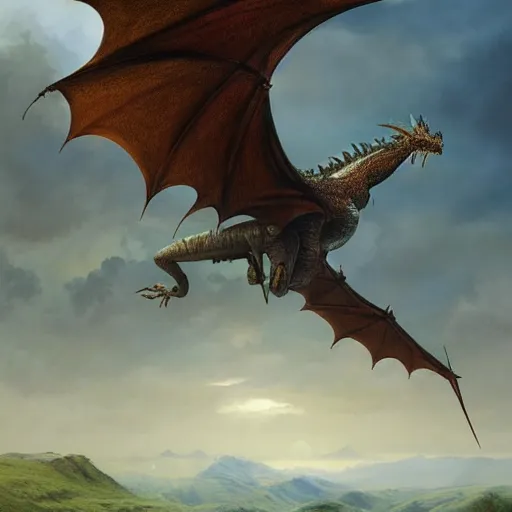 Prompt: one dragon flying over Shire, detailed matte painting, artstation, by Alan Lee, James Gurney, Greg Rutkowski