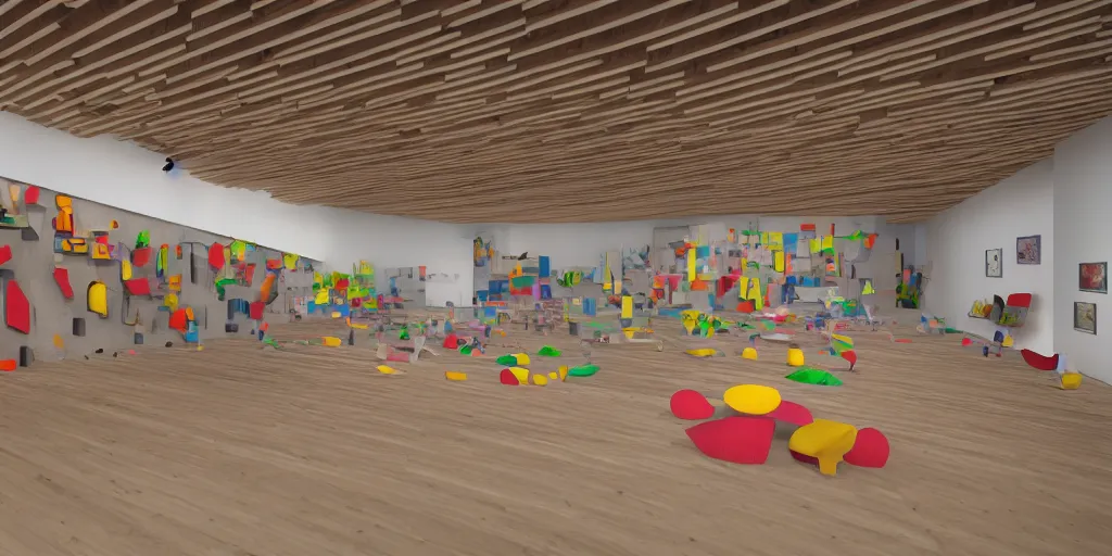 Prompt: a high colourful coloured 3 d octane model of a brutalism art gallery with wooden floor in walnut, highly detailed