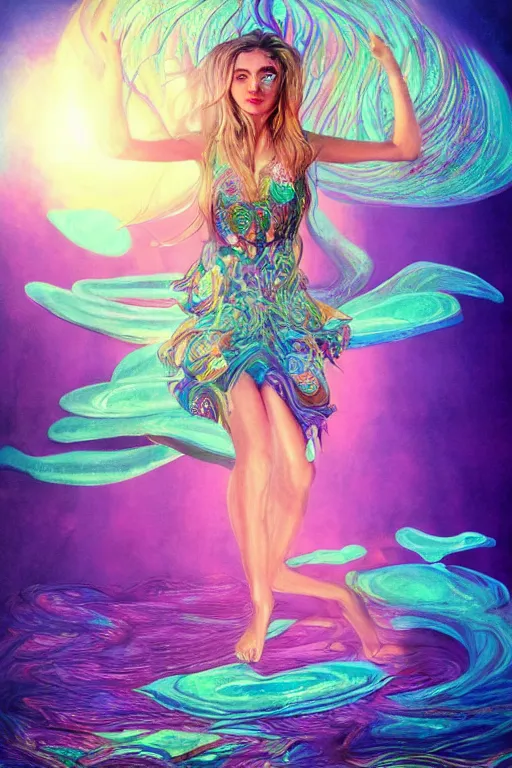 Prompt: overdetailed maximalist fullbody portrait of a beautiful female energy being transcending to her true form while floating over a surreal landscape. Made by oozium, inspired by silvio vieira, overpainted by loish. 8k 3d realistic render. Bright, sacred, spiritual, dawn, backlit, calm, relaxed, dynamic, ethereal, arcane, intricate, mysterious, dramatic, cinematic. Seen from below. Overpaint by phazed and erica robin. Artstation, deviantart, vagallery.com