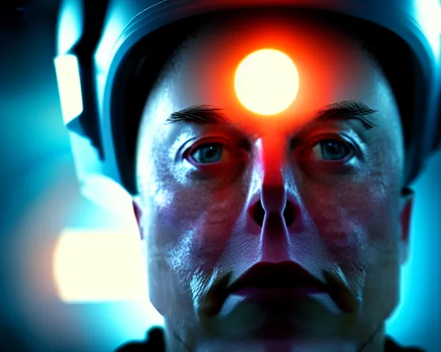 Prompt: 2 8 mm closeup portrait of elon musk top fragging in his live action video game, pipes, wires, dramatic lighting, octane, blue lights, lens flare, industrial, dirty, trending on artstation, golden ratio, h. r. giger, mist, action, volumetric lighting