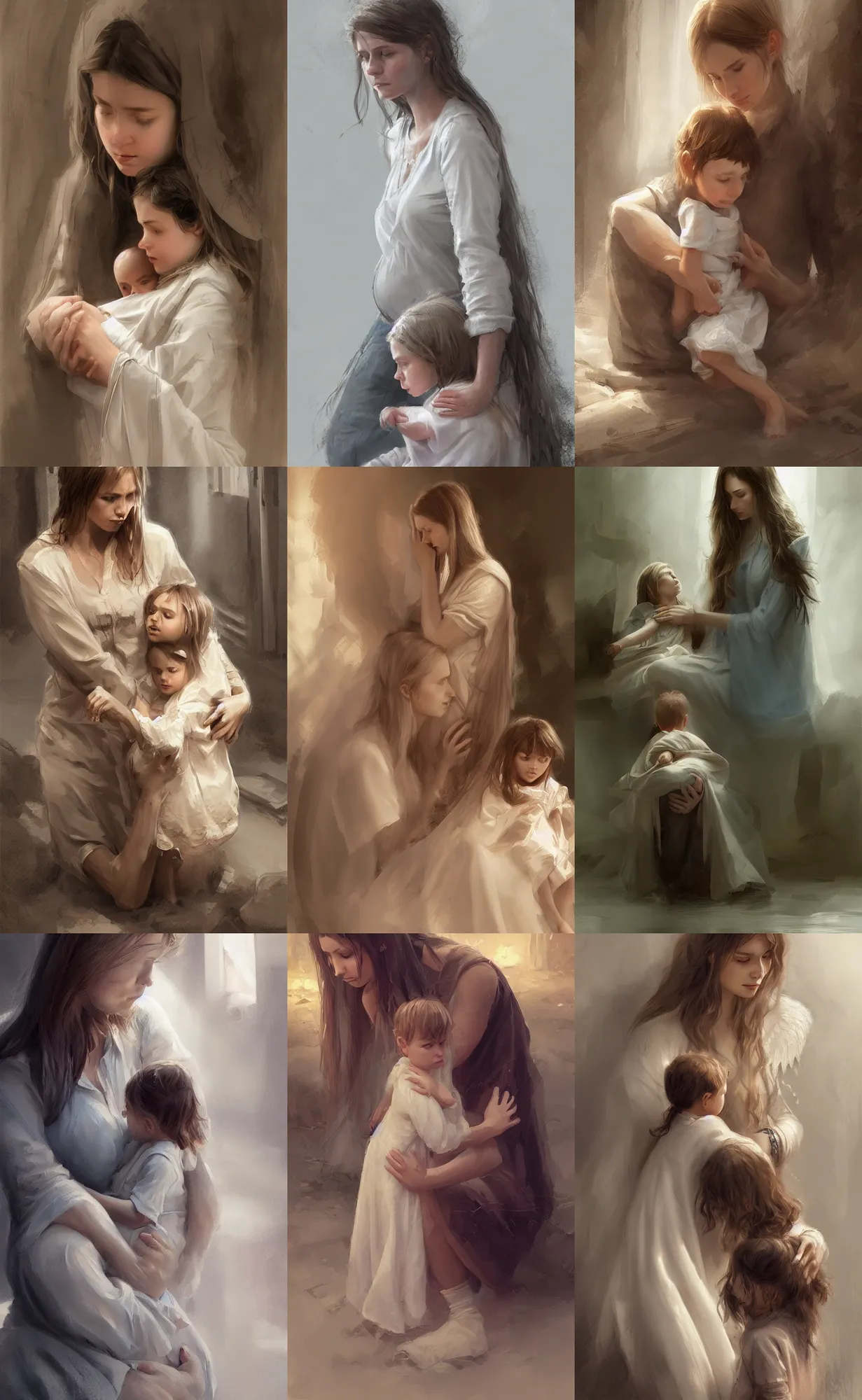 Prompt: angelic and beautiful young woman sheltering a child, innocent, maternal, protective, highly detailed, concept art, intricate, sharp focus, concept art, artstation, art by stefan kostic