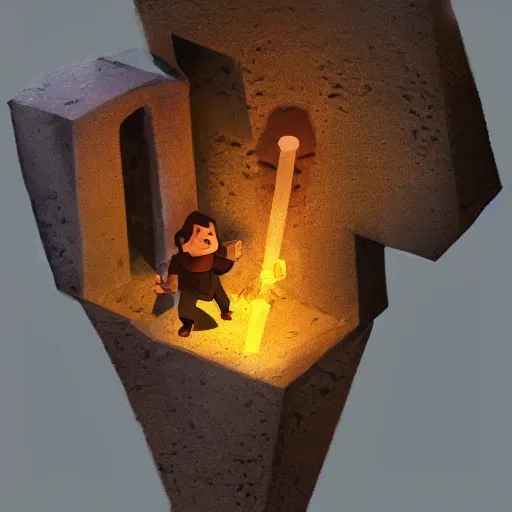 Image similar to deep underground, an explorer holding up a torch finds a beautiful valuable cursed gem. , concept art, trending on artstation 3D.