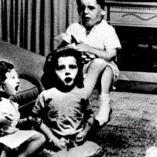 Prompt: a 1960 photo of a poltergeist attack family