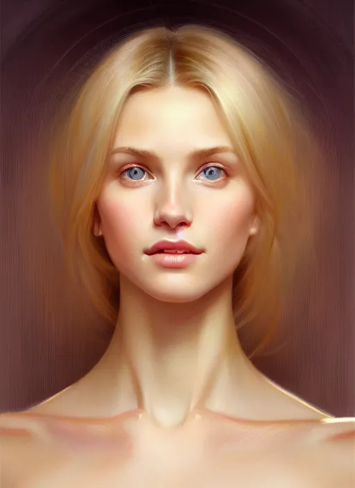 Image similar to beautiful feminine face!! portrait of young wife blessed by god with ever - increasing physical mental perfection, blonde, symmetrical!! intricate, sensual features, highly detailed, divine holy perfection!! smile, digital painting, artstation, concept art, smooth, sharp focus, illustration, art by artgerm and greg rutkowski and alphonse mucha