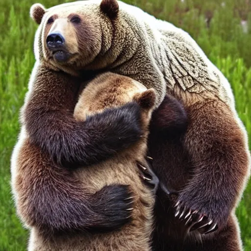 Image similar to “tardigrade and grizzly bear mobsters hugging”