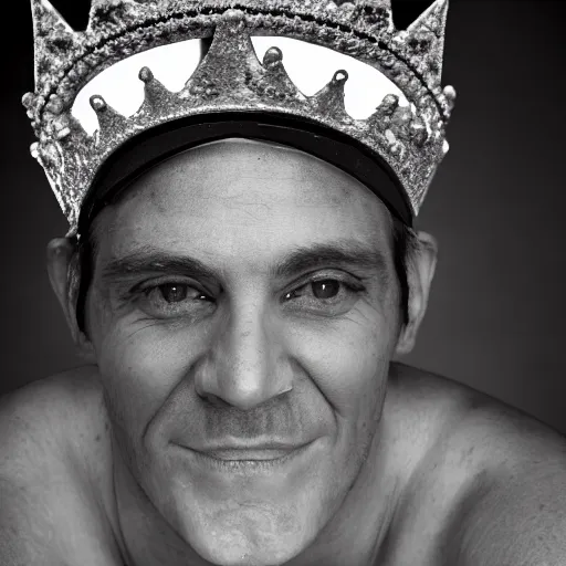 Image similar to man with a crown, smirk, photograph, black backgrounds, red eyes