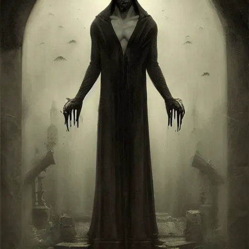 Image similar to By Tom Bagshaw, ultra realist soft painting of a gothic crypt by night, male vampire smile, horror, omnious sky, symmetry accurate features, very intricate details, black and white, volumetric light clouds