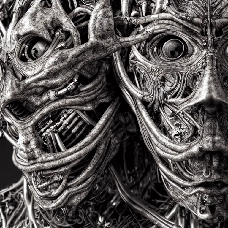 Prompt: surreal biomechanical spinal ribbed tribal exotic organic face portrait detail of mechanical cyborg, beautiful detailed intricate insanely detailed BW 3D render digital art, octane render, 8K artistic photography, photorealistic