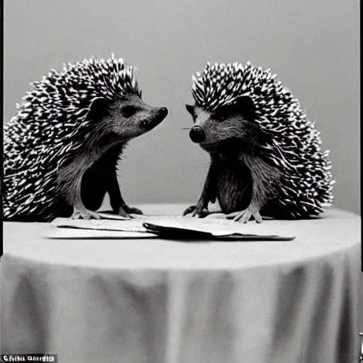 Image similar to two hedgehogs sitting at a round table, a peace treaty sits in the middle of the table, historic photo, united nations