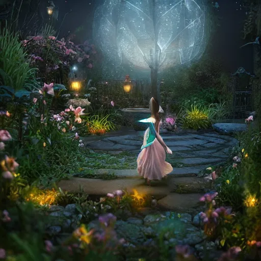 Image similar to fairy glowing magically at night concept art, realistic garden, beautiful, glorious, matte painting, highly detailed, trending on artstation, 4 k, rendered in octane, unreal engine