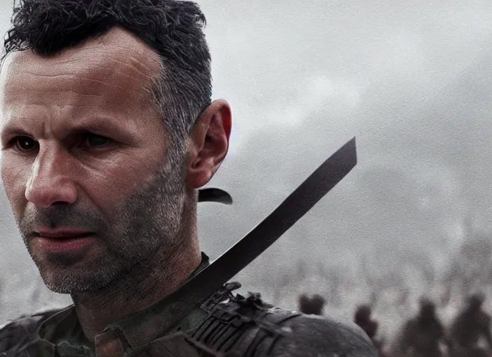 Image similar to close up cinematic artwork of Ryan Giggs staring down the enemy on the battlefield, sword raised in the air by Greg Rutkowski, 4k, masterpiece
