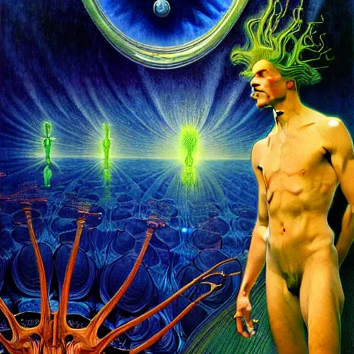 Image similar to realistic extremely detailed portrait painting of a glowing male silhouette, futuristic sci-fi landscape on background by Jean Delville, Amano, Yves Tanguy, Alphonse Mucha, Ernst Haeckel, Edward Robert Hughes, Roger Dean, rich moody colours, blue eyes