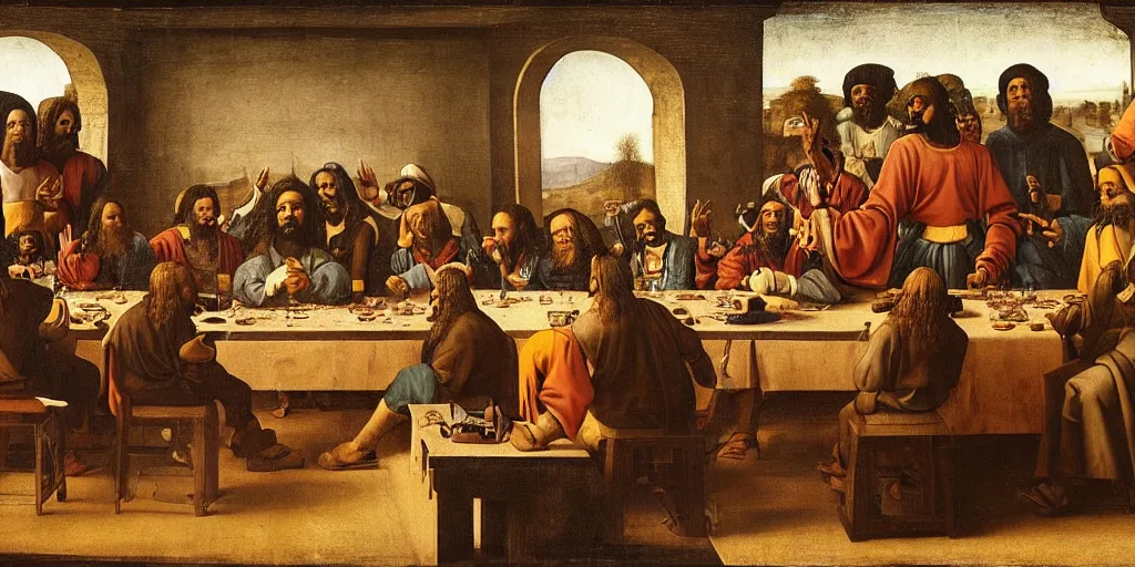 Prompt: a portrait of mac dre, e 4 0, keak da sneak, and the cut throat committee at the table like the last supper by leonardo da vinci. mac dre sits at the center. to his left, in the position of judas, is tech 9.