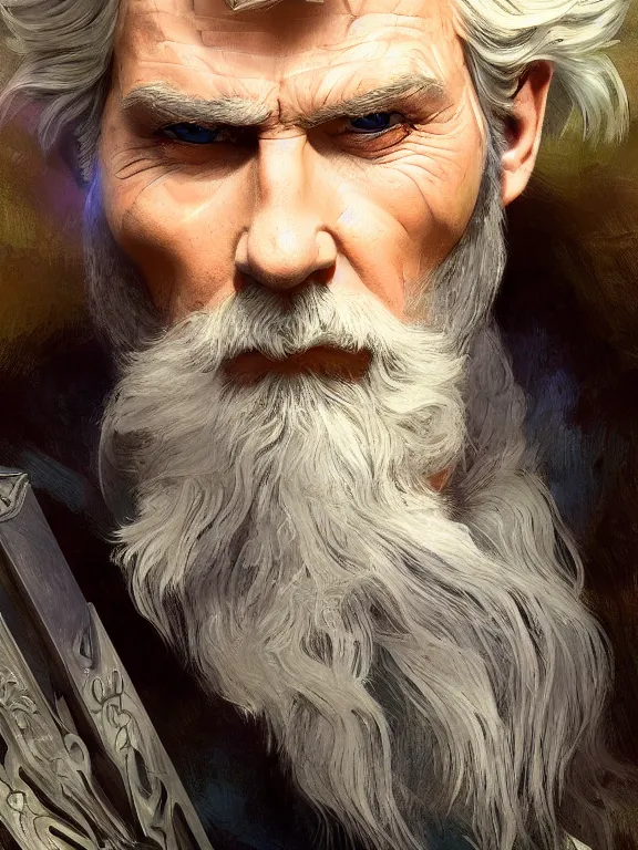 Image similar to painted portrait of rugged odin, god of wisdom, norse god, white hair, masculine, mature, handsome, upper body, blue and silver, muscular, hairy torso, fantasy, intricate, muscular, elegant, highly detailed, digital painting, artstation, concept art, smooth, sharp focus, illustration, art by gaston bussiere and alphonse mucha