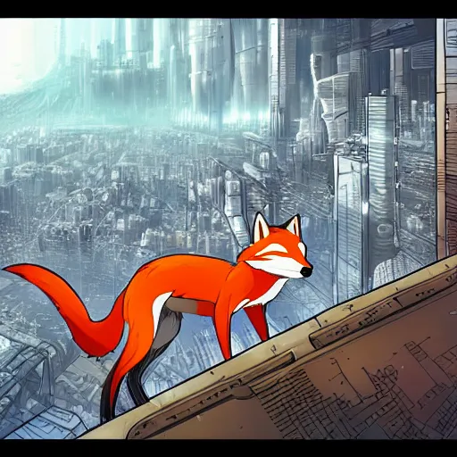 Image similar to an anthropomorphic fox with a fluffy tail staring over a futuristic city from the top of a roof, comic art, trending on furaffinity, cyberpunk, backlighting, cartoon