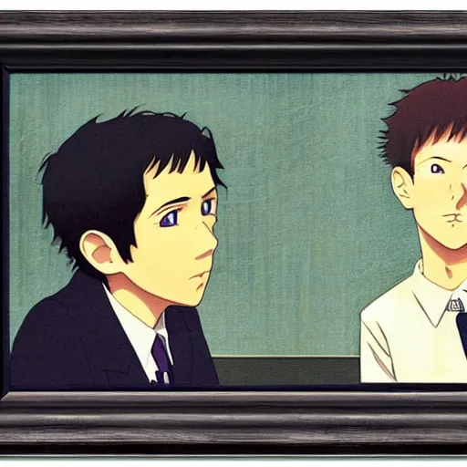 Prompt: anime joseph goebbels and mark zuckerberg by hasui kawase by richard schmid, crime drama, studio ghibli