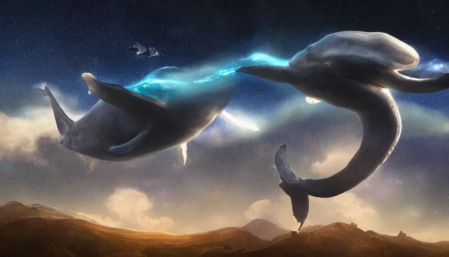 Image similar to highly detailed scifi render of a flying whale over the tuscany skies, cypresses and hills, stars and planets, hyper detailed, digital art, led lighting, studio quality, smooth render, unreal engine 5, octane render, trending on artstaion.